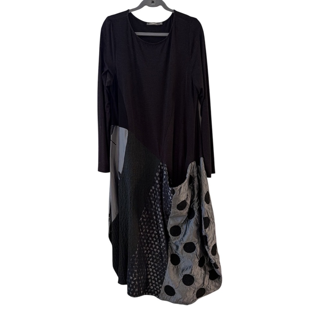 Alembika Black Silver Mixed Media Polka Dot Lagenlook Midi Dress Size 5 XL